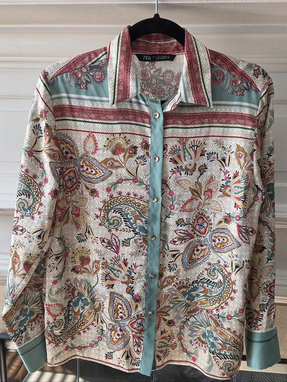 Zara Mixed Paisley Floral Blouse Teal Trim Long Sleeve Size S